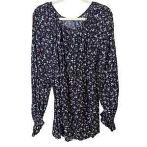 Womens Blouse Chaps Size 1X Ditsy Floral Long Sleeve Black Top Ruffle Cuffs